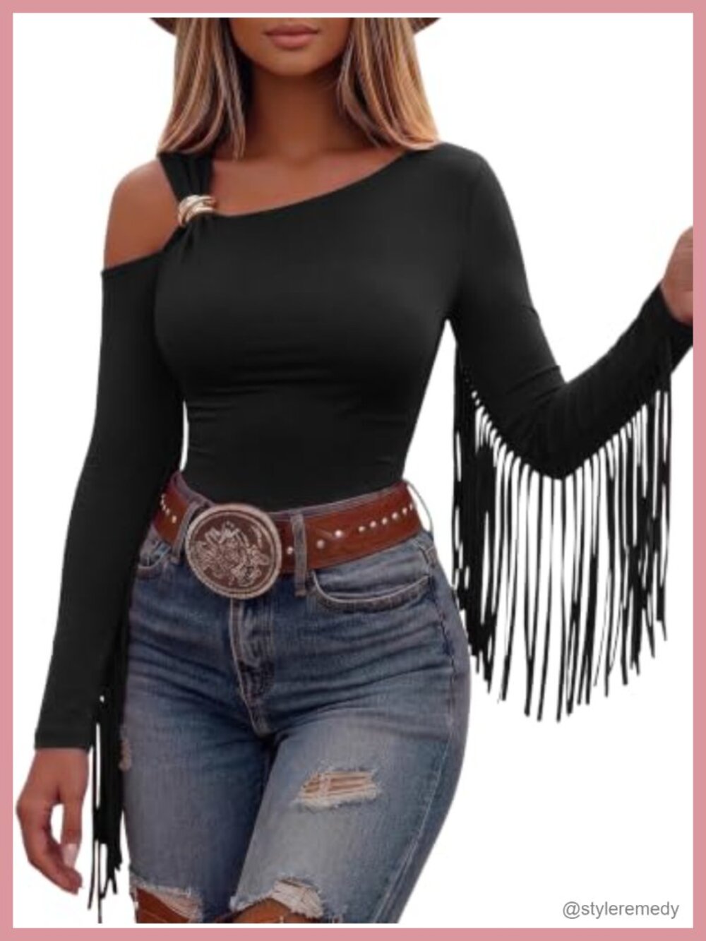 Womens Western Off Shoulder Fringe Top Long Sleeve Cowgirl Blouse